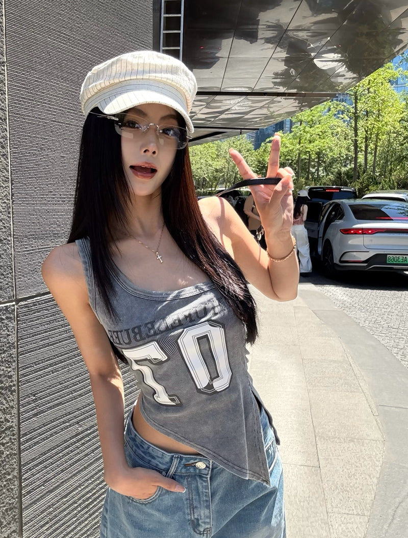 【F60434】實拍美式辣妹斜肩不規則洗舊印花背心250609