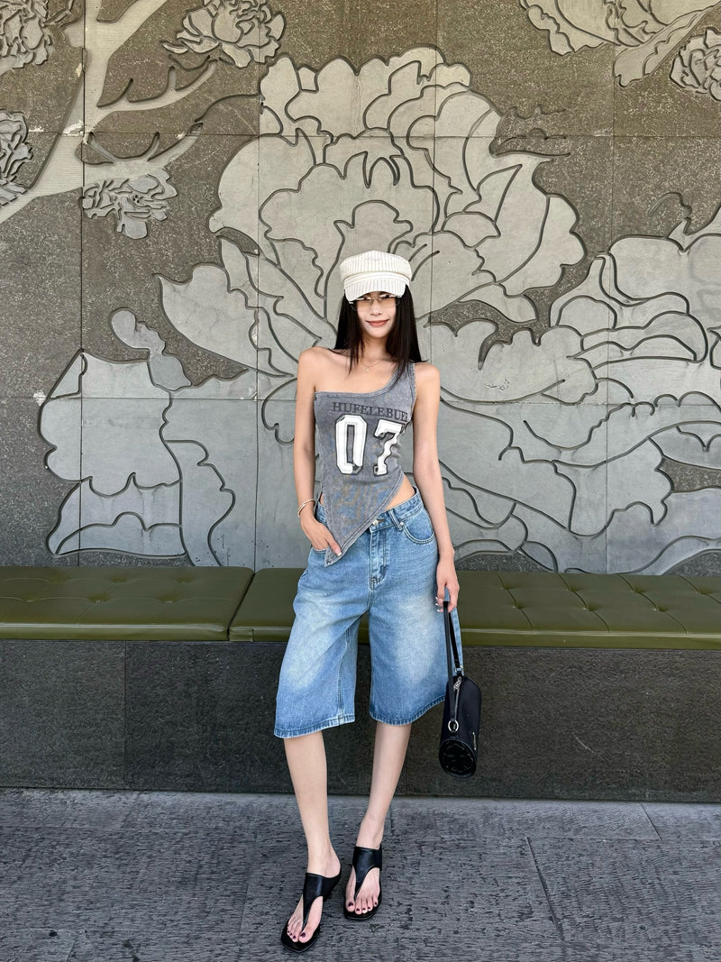 【F60434】實拍美式辣妹斜肩不規則洗舊印花背心250609