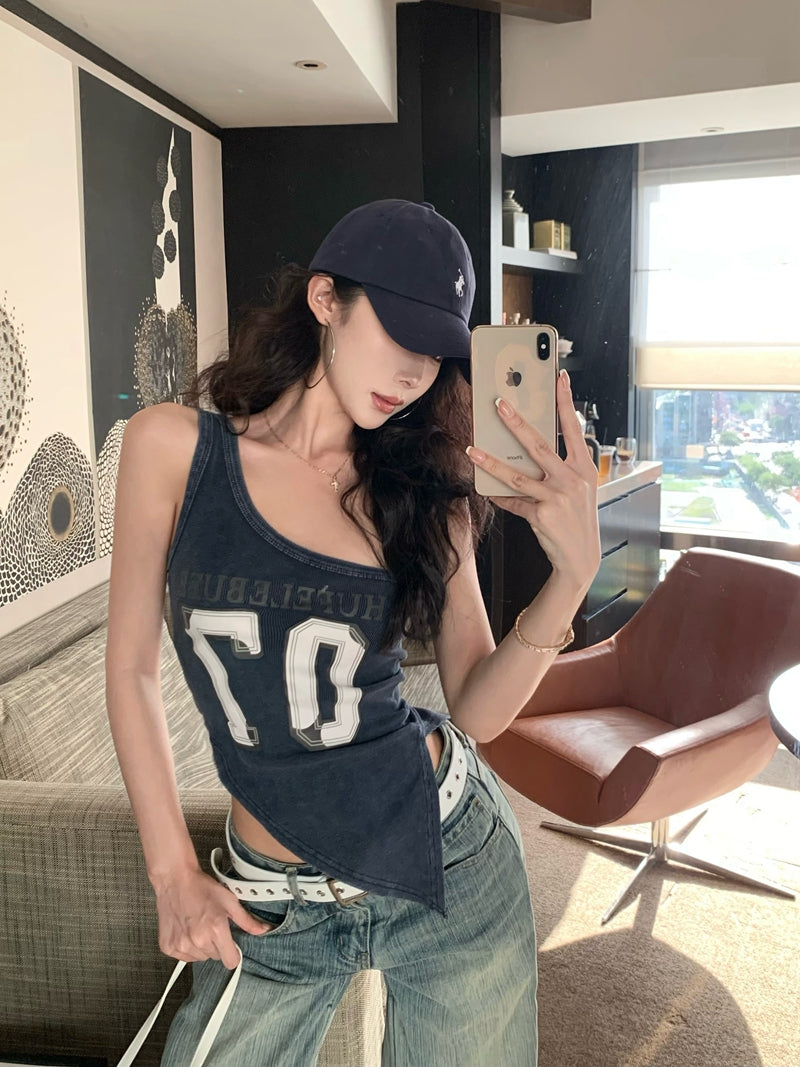 【F60434】實拍美式辣妹斜肩不規則洗舊印花背心250609