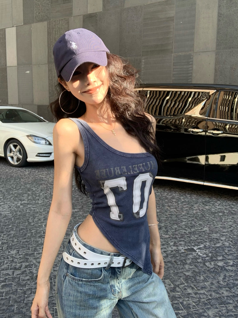 【F60434】實拍美式辣妹斜肩不規則洗舊印花背心250609