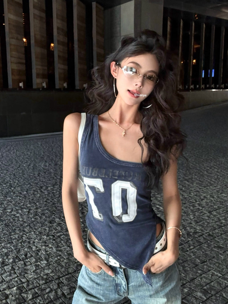【F60434】實拍美式辣妹斜肩不規則洗舊印花背心250609