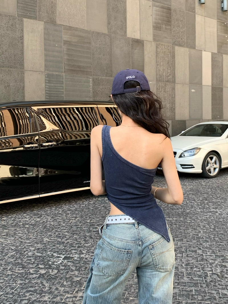 【F60434】實拍美式辣妹斜肩不規則洗舊印花背心250609