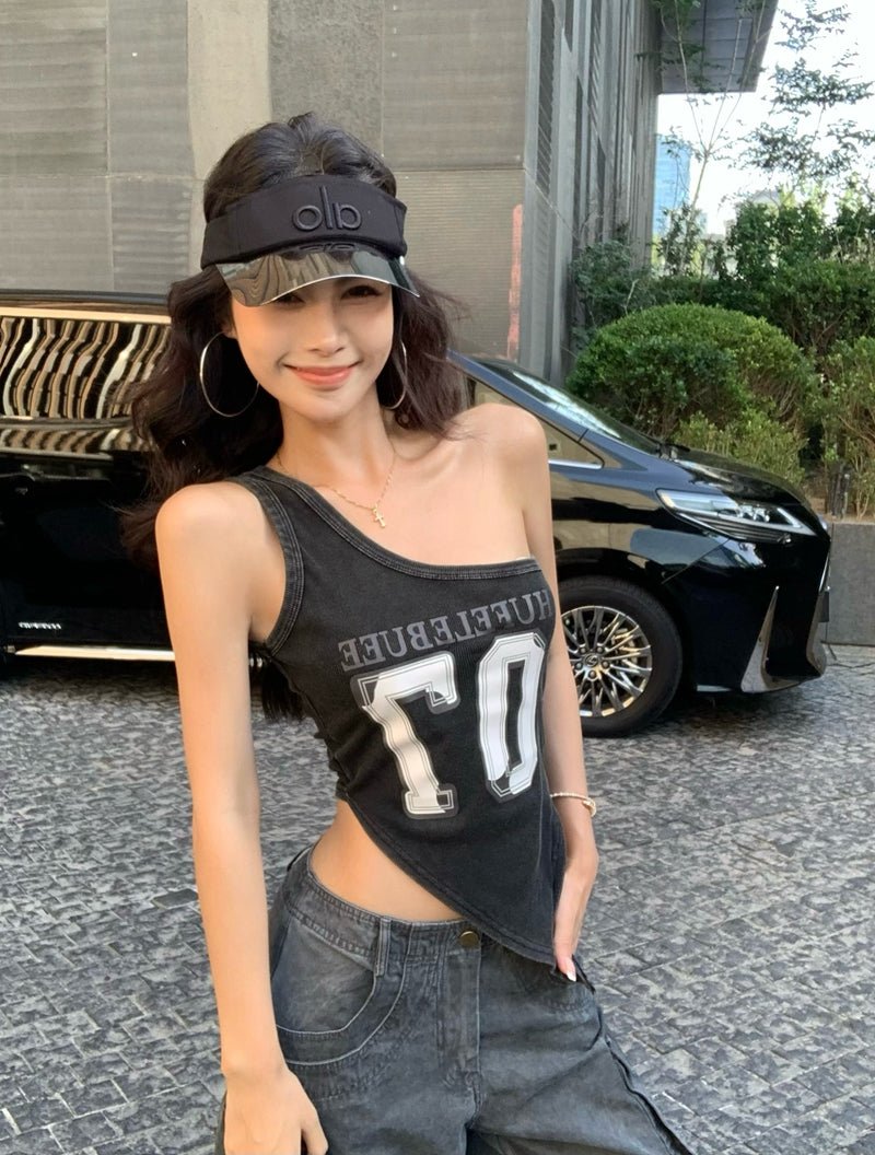 【F60434】實拍美式辣妹斜肩不規則洗舊印花背心250609