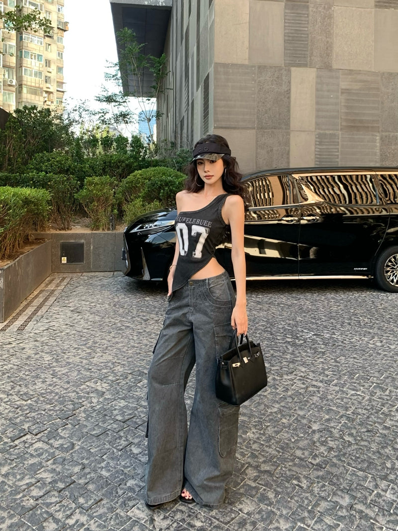 【F60434】實拍美式辣妹斜肩不規則洗舊印花背心250609