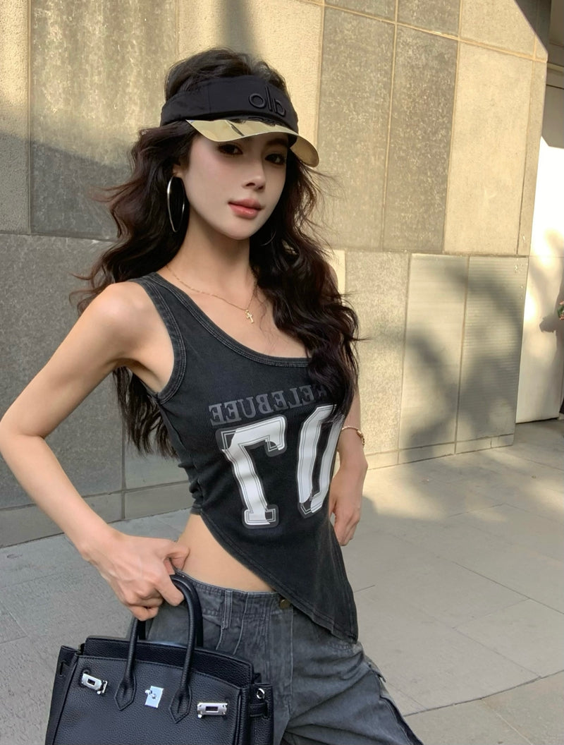 【F60434】實拍美式辣妹斜肩不規則洗舊印花背心250609