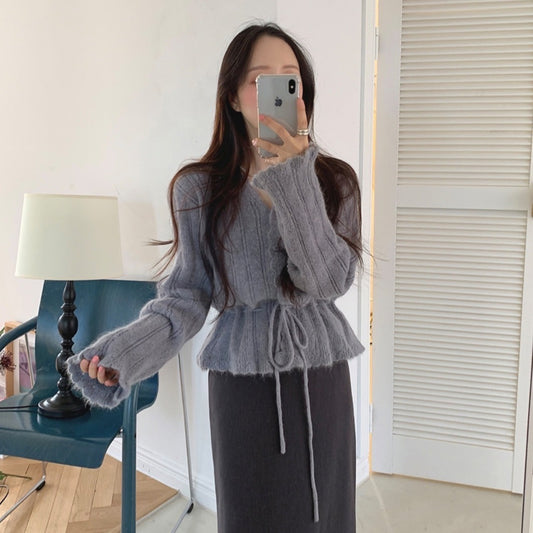 【F60517】初春必備!韓版甜美 V 領收腰綁帶針織衫/薄毛衣
260316