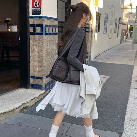 【F60810】韓系設計感・不規則蕾絲拼接裙(鬆緊腰)261019