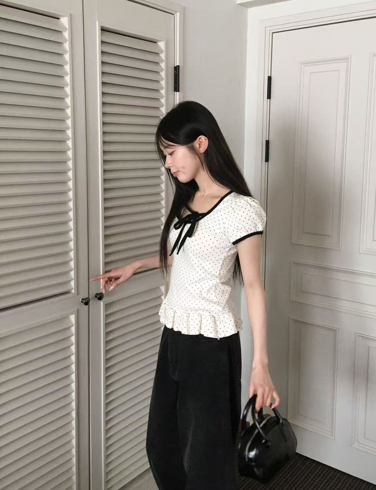 【F60713】韓系甜美・設計感綁帶點點短袖T恤260914
