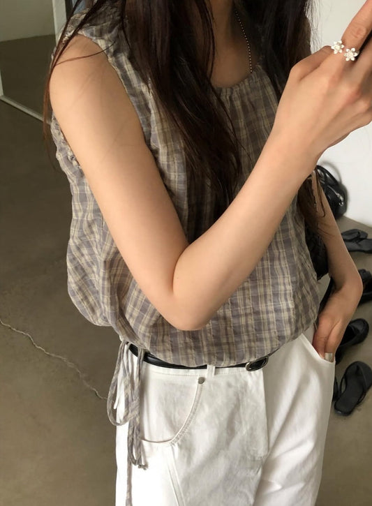 【F60577】法式甜美田園風🍒復古格紋腰部抽繩顯瘦無袖上衣260504