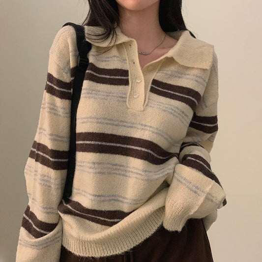 【F60698】復古慵懶・寬鬆條紋長袖針織衫260914