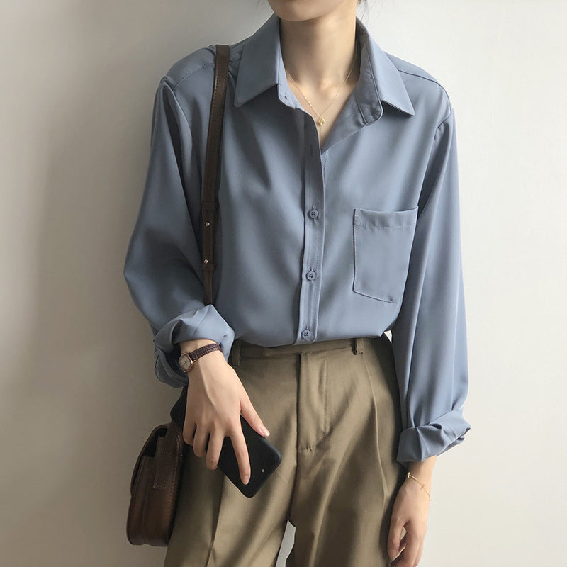 【Y0895】實拍韓國春季仿天絲簡約氣質長袖翻領襯衫YY25早春