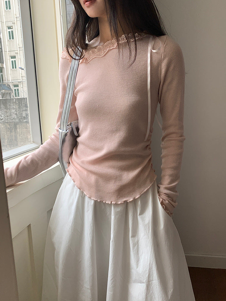 【L2787】實拍小花邊蕾絲斜肩領長袖針織衫(6%羊毛)250825
