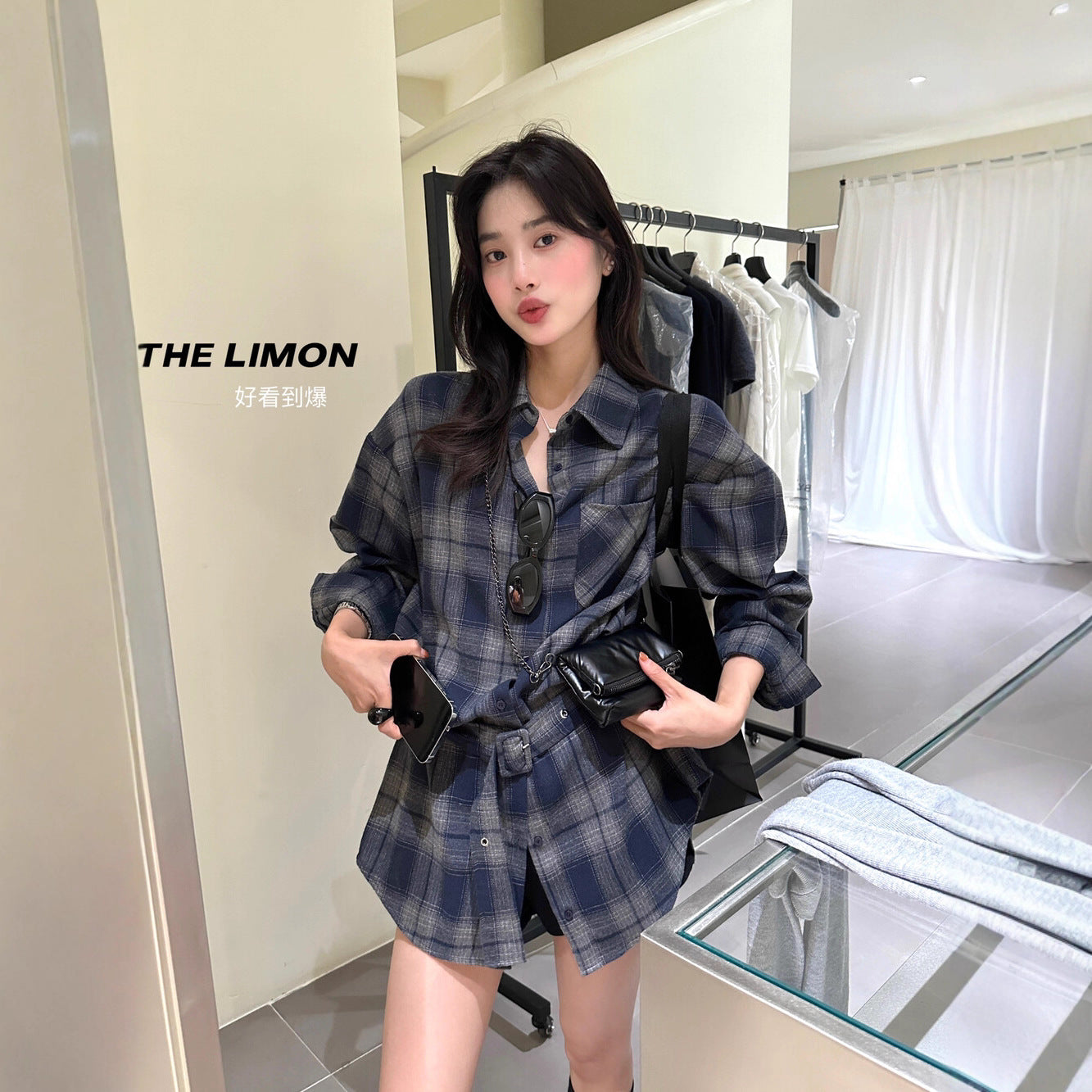 【L9205】實拍檸檬家復古磨毛格紋繫帶襯衫+腰帶250901