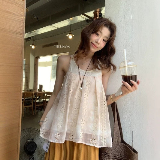 【L10690】夏日精緻女孩✨時髦鏤空刺繡工藝百搭休閒細肩帶上衣260511