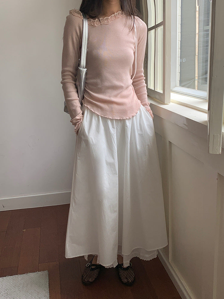【L2787】實拍小花邊蕾絲斜肩領長袖針織衫(6%羊毛)250825