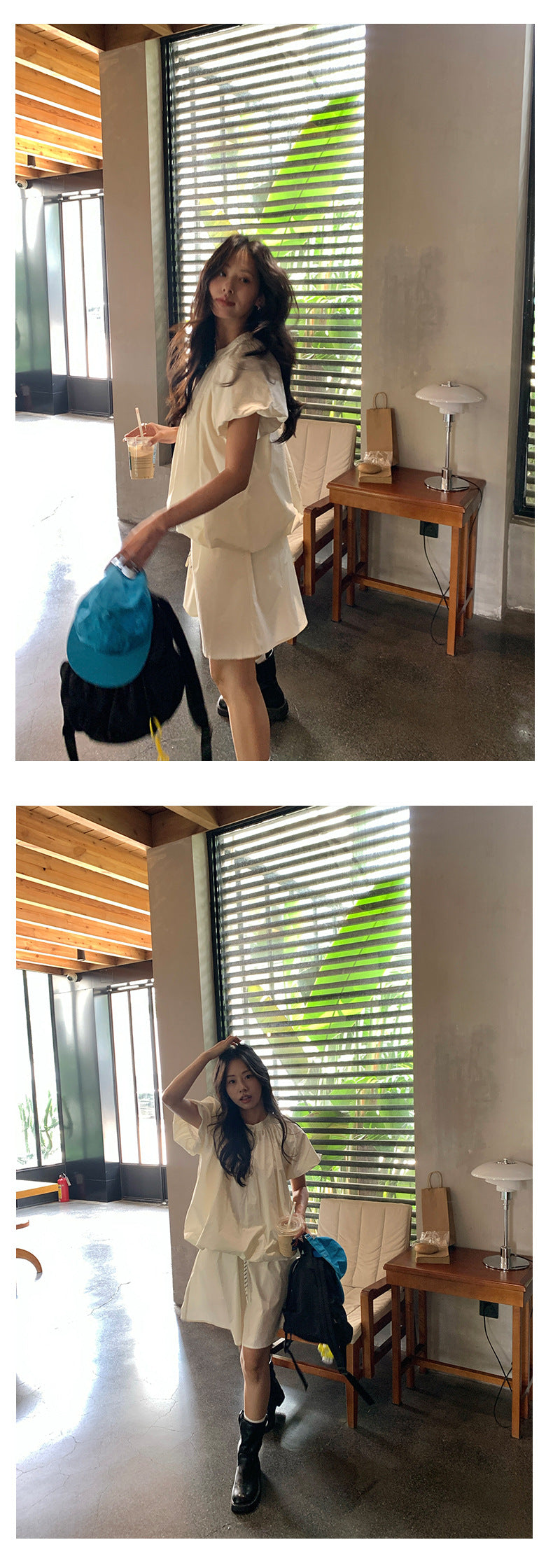 【H5230】實拍夏日棉質簡約泡泡䄂襯衫+鬆緊腰抽繩A字裙250506