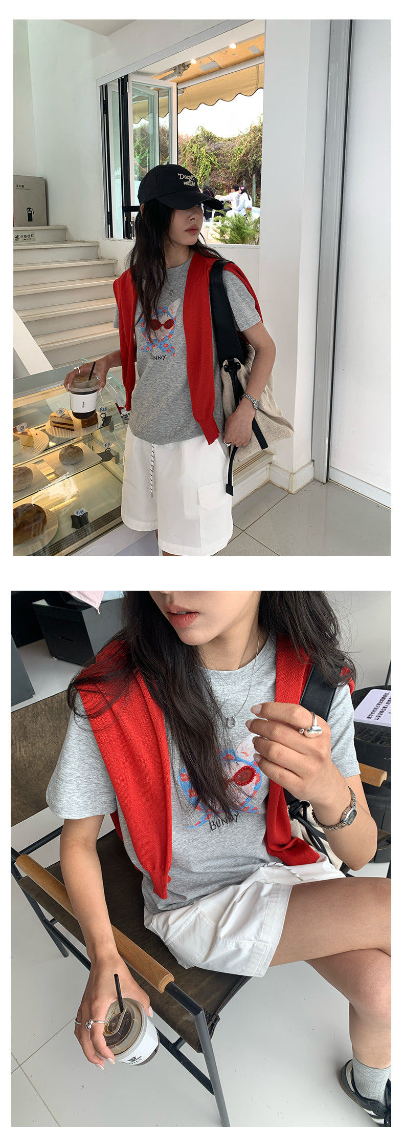 【H5195】實拍夏天帶一隻貓咪印花圓領短袖T恤250415