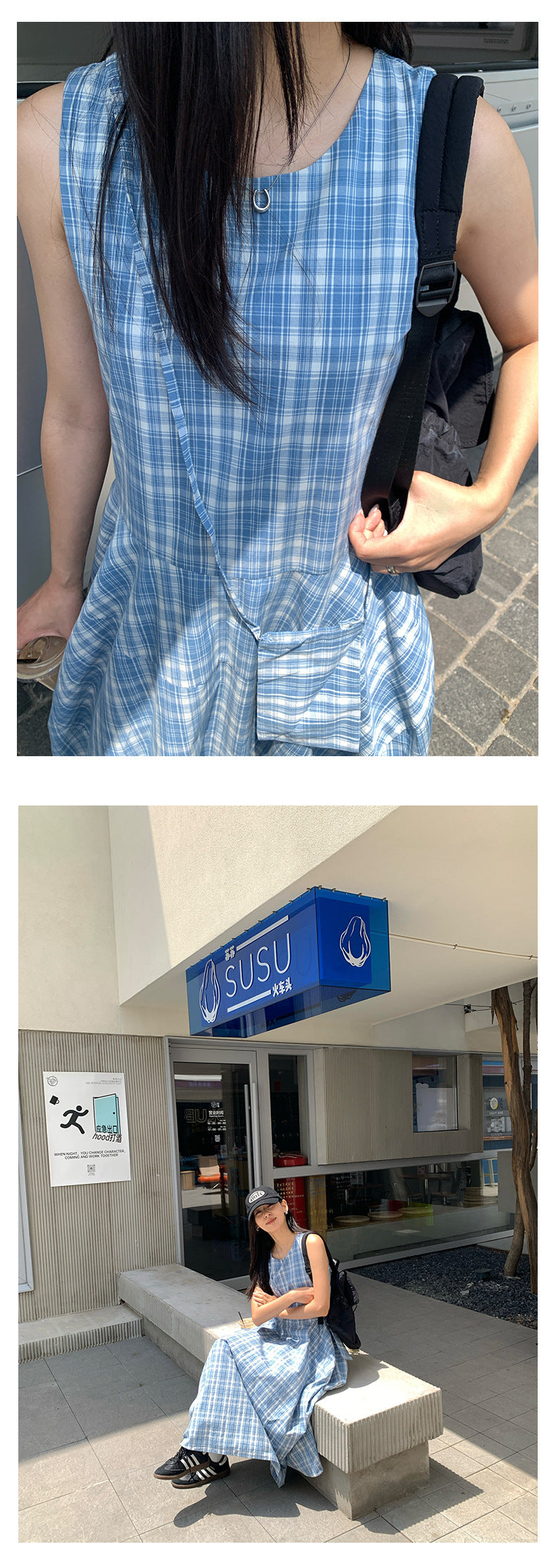 【H5290】實拍夏天韓國復古藍格個性花苞長洋裝+小包250603