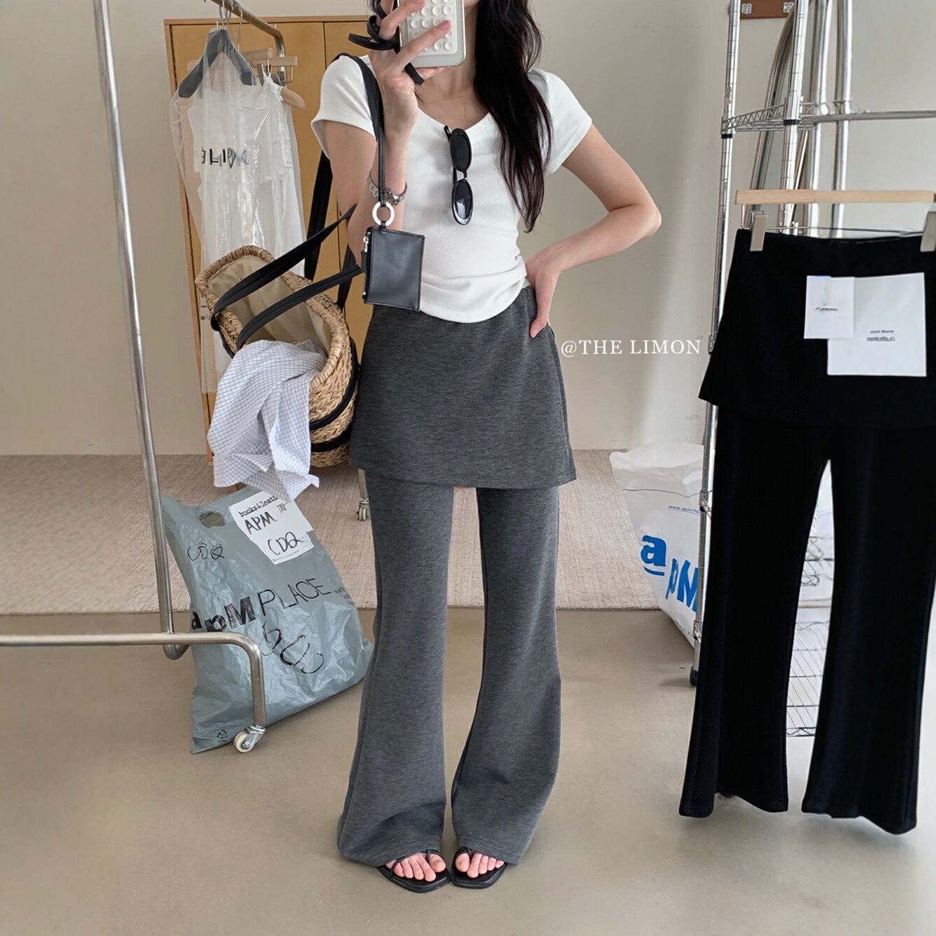 【L8385】實拍檸檬假兩件高腰顯瘦屁簾微喇褲250414