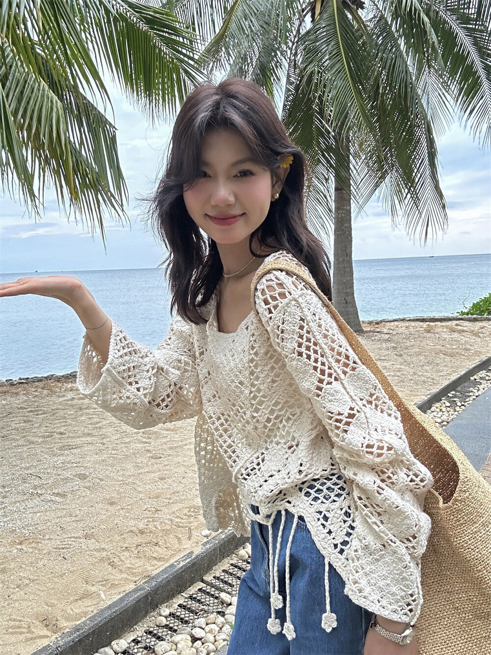 【L8122】實拍檸檬春夏度假鏤空流蘇針織罩衫250414