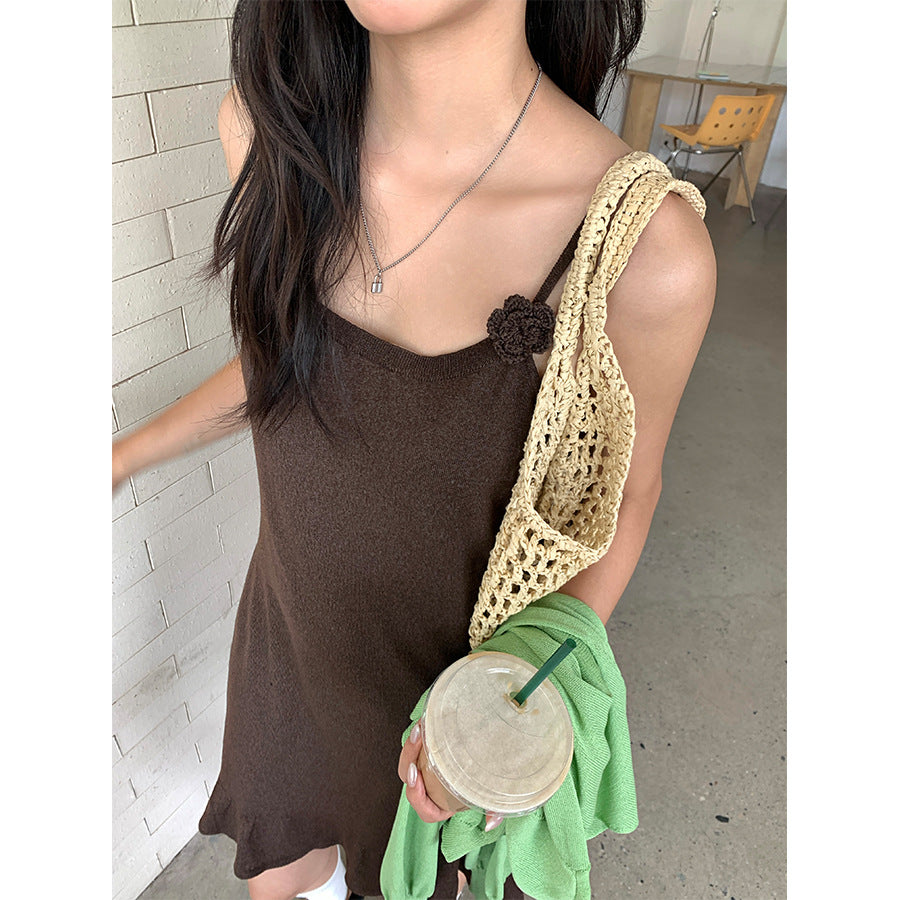【H5265】實拍夏季甜美手工鉤花吊帶洋裝 雜飾裙襬顯瘦款250520