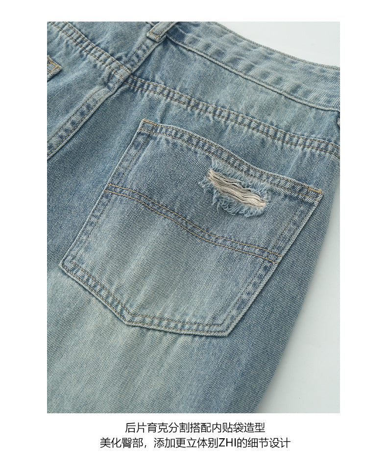 【H5344】實拍S~XL夏日復古洗舊寬鬆牛仔褲250624