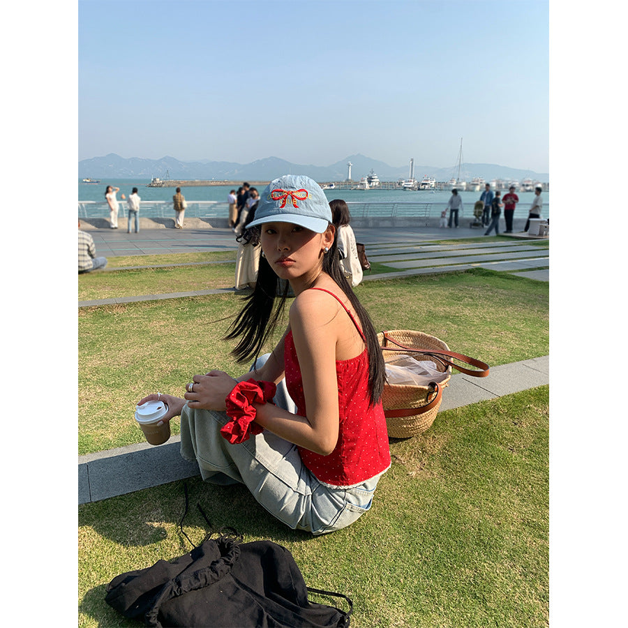 【H5159】實拍夏天棉麻點點吊帶背心+髮圈250331