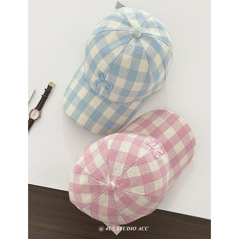 【M411】韓國小眾立體蝴蝶結刺繡格子鴨舌帽240323