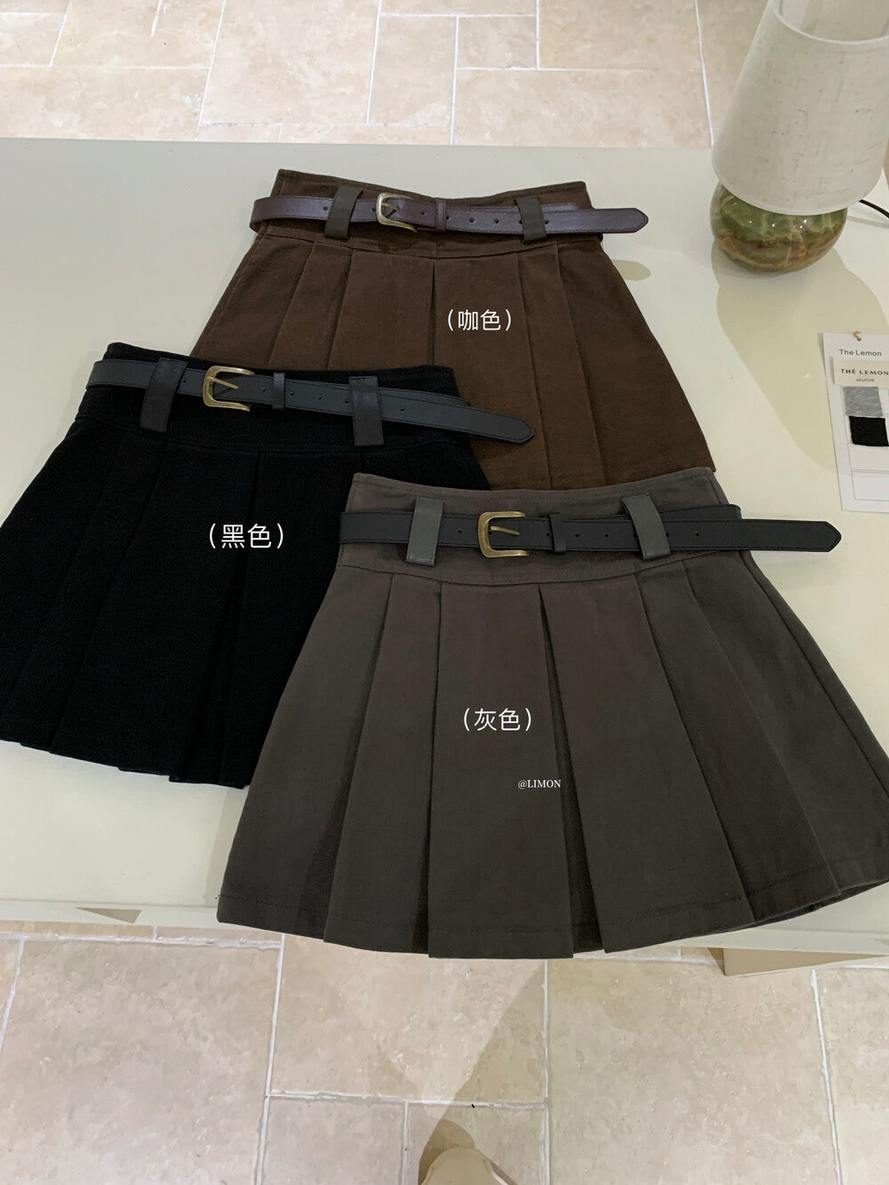 【L1118】實拍檸檬家秋季高腰顯瘦百褶裙+腰帶250901