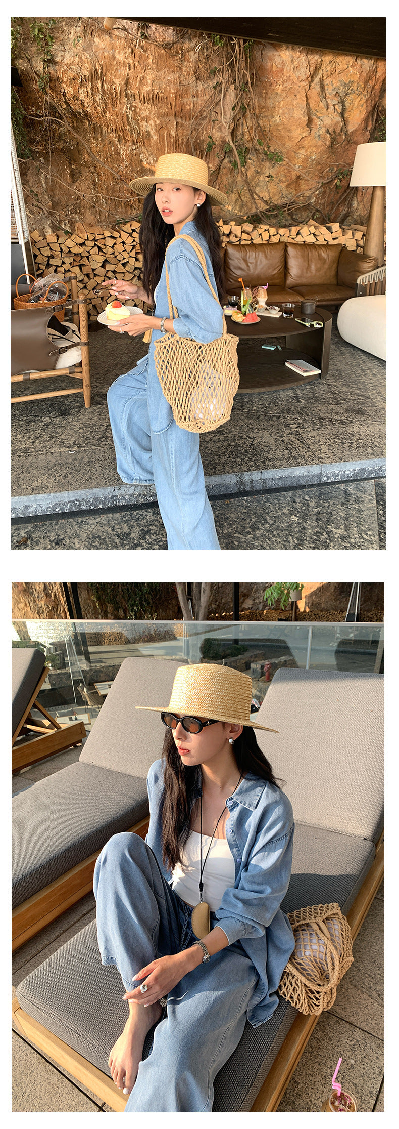 【H5183】實拍夏天天絲棉牛仔襯衫+直筒闊腿牛仔褲 套裝250415