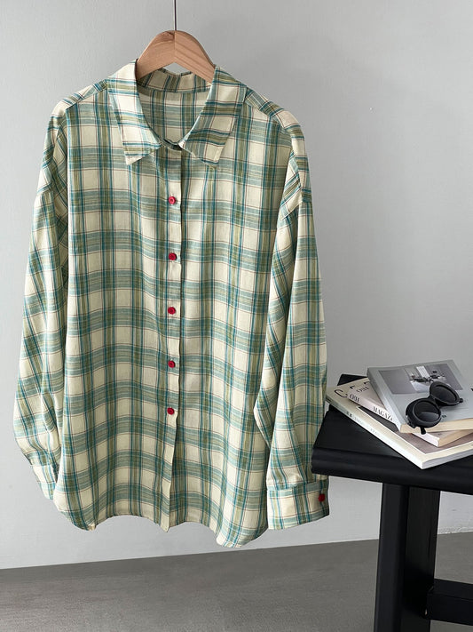 【cimz1952】夏日小清新🍃韓系綠色格紋開衩撞色長袖防曬襯衫罩衫260625