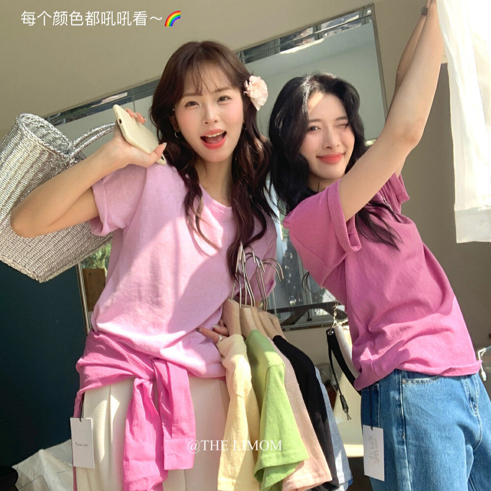 【L8330】實拍夏季糖果色棉質短袖寬鬆T恤250505