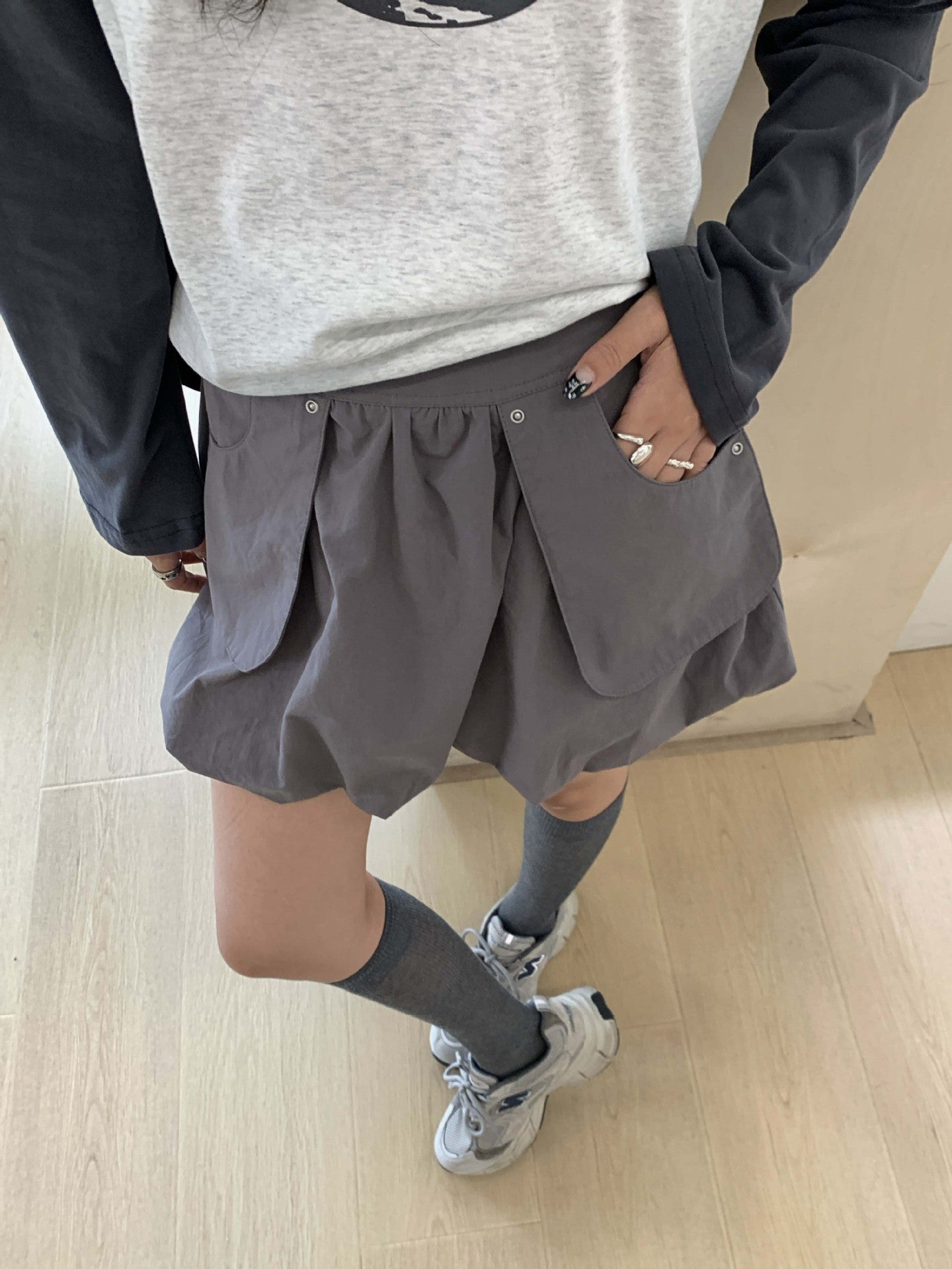 【H5419】實拍韓系美少女工裝褶皺高腰花苞裙250909