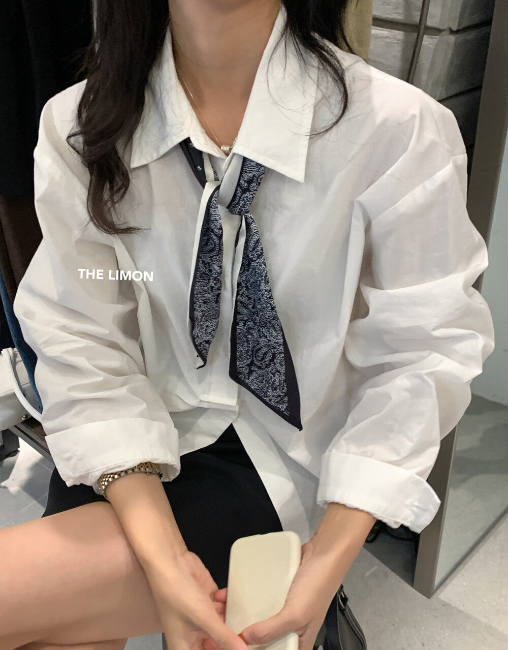 【L9160】實拍檸檬家法式簡約風設計感翻領長袖襯衫+絲巾250901
