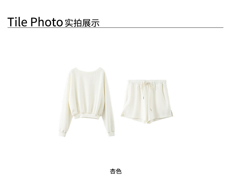 【H5306】 實拍韓系休閒一字領寬鬆衞衣+休閒短褲 套裝250610