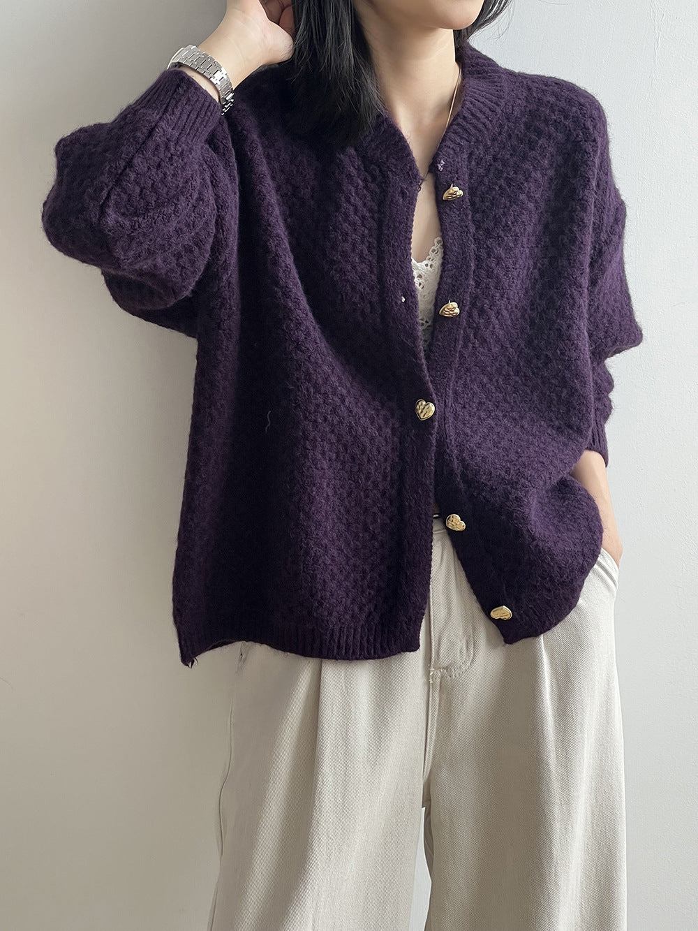 【YA15】實拍春冬寬鬆菠蘿紋愛心扣慵懶針織外套(厚)YY25早春