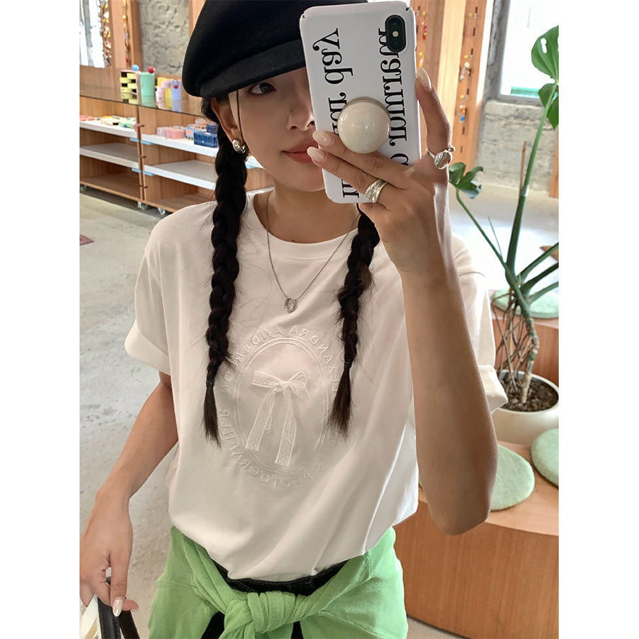 【H5215】實拍夏季甜美氣質|蝴蝶結刺繡圓領短袖T恤250429