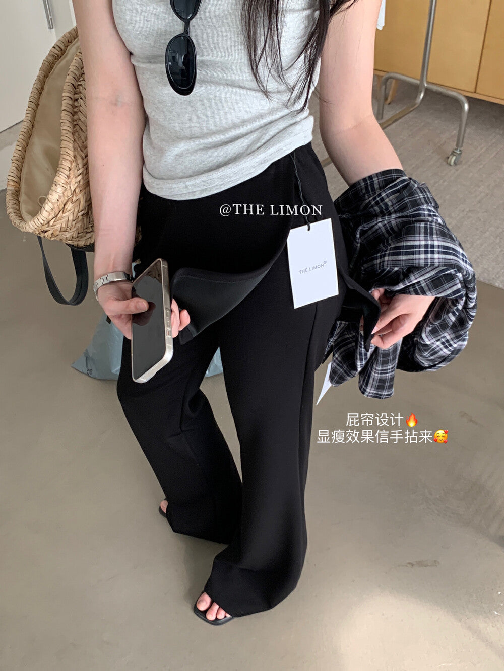 【L8385】實拍檸檬假兩件高腰顯瘦屁簾微喇褲250414