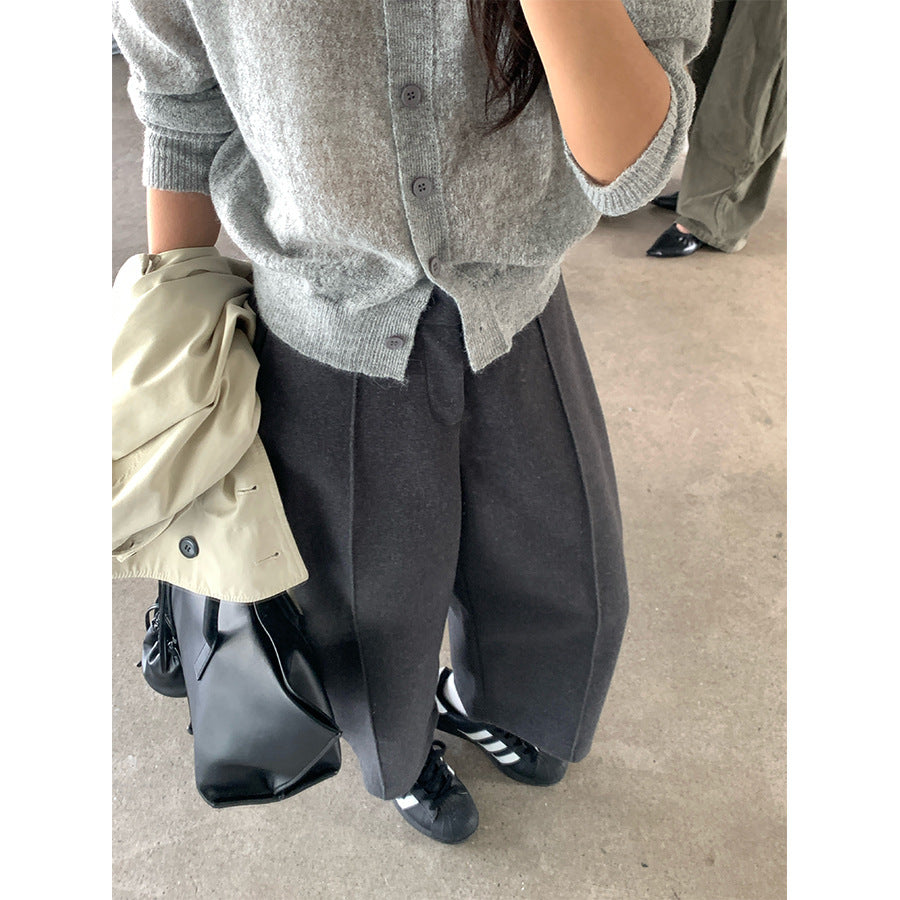 【H5449】實拍簡約廓形毛呢八分褲250923