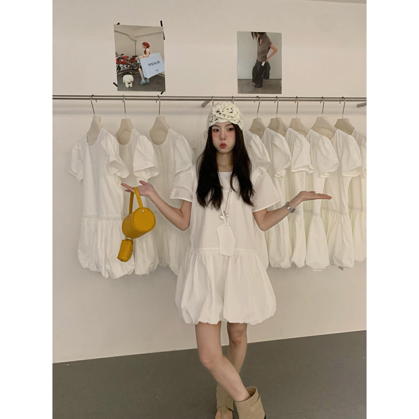 【L92807】實拍春夏甜美花苞裙短袖連衣裙+小包包250505
