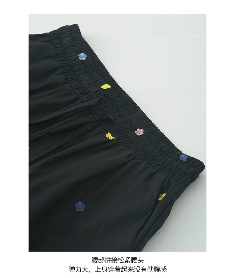 【H5335】實拍夏寬鬆刺繡小花直筒褲250624