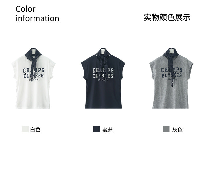 【H5227】實拍夏季時尚休閒|字母印花圓領棉T恤+格紋領巾250429