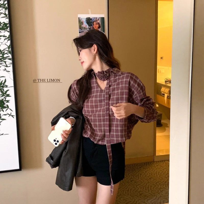 【L9113】實拍檸檬家早秋法式時髦復古格紋長袖襯衫+胸花可拆250901