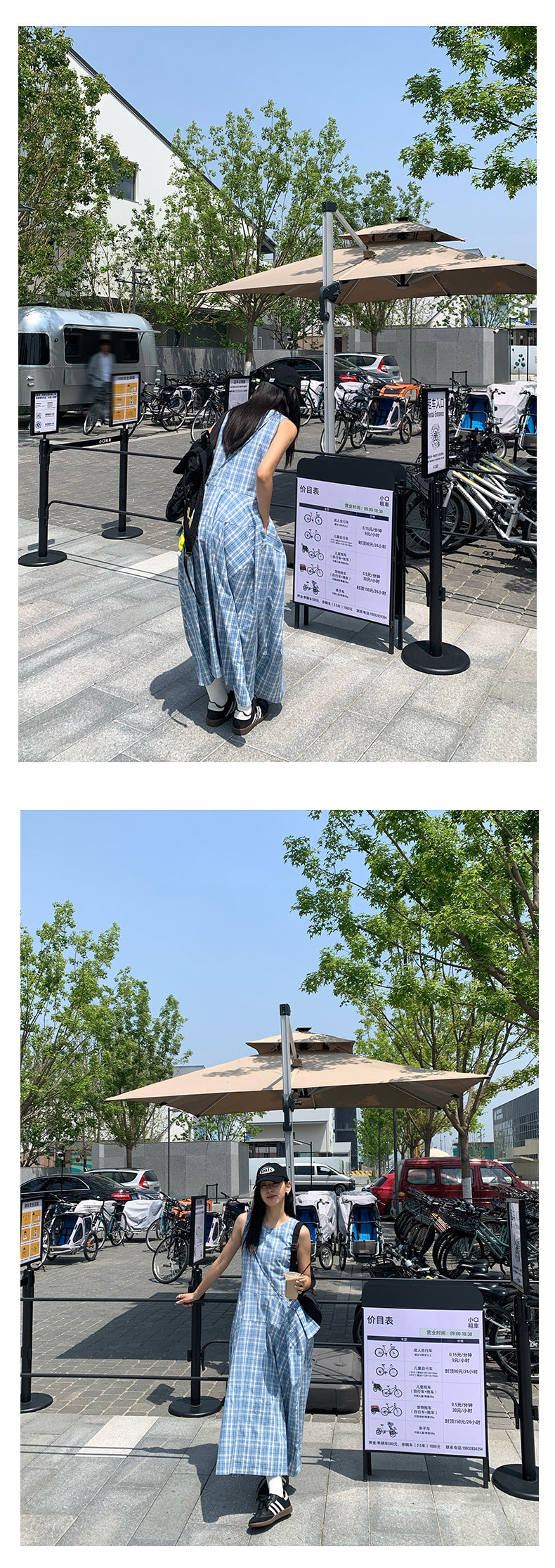 【H5290】實拍夏天韓國復古藍格個性花苞長洋裝+小包250603