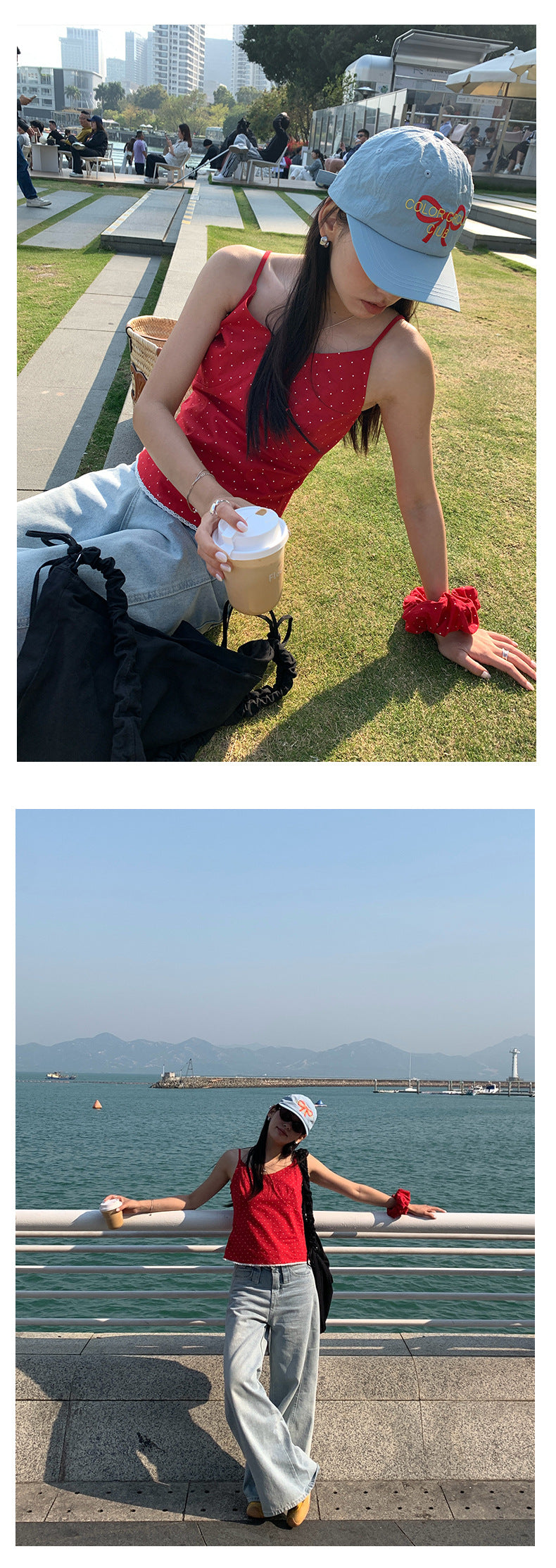 【H5159】實拍夏天棉麻點點吊帶背心+髮圈250331