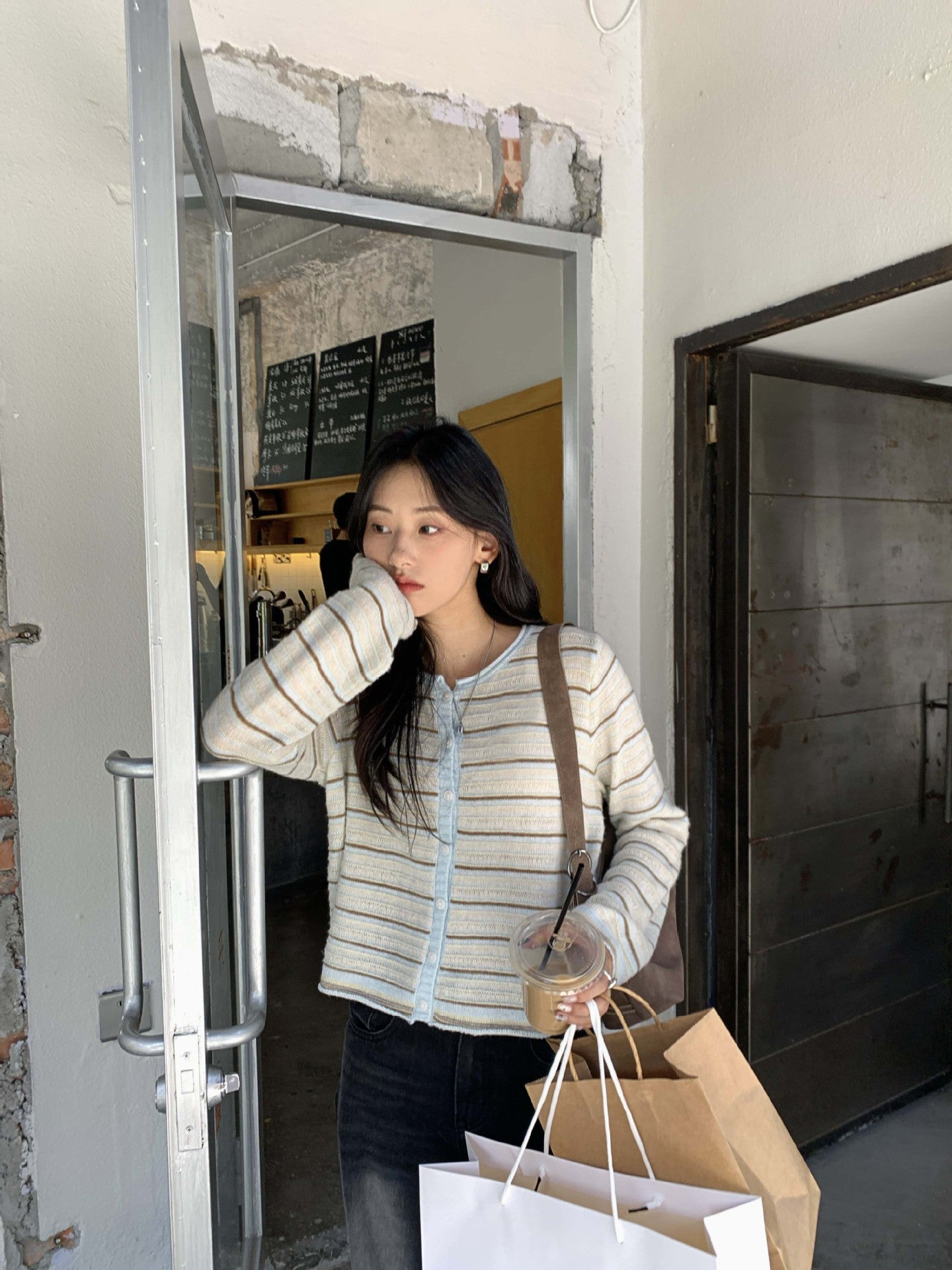 【H5403】實拍韓系復古超可愛條紋針織開衫250902