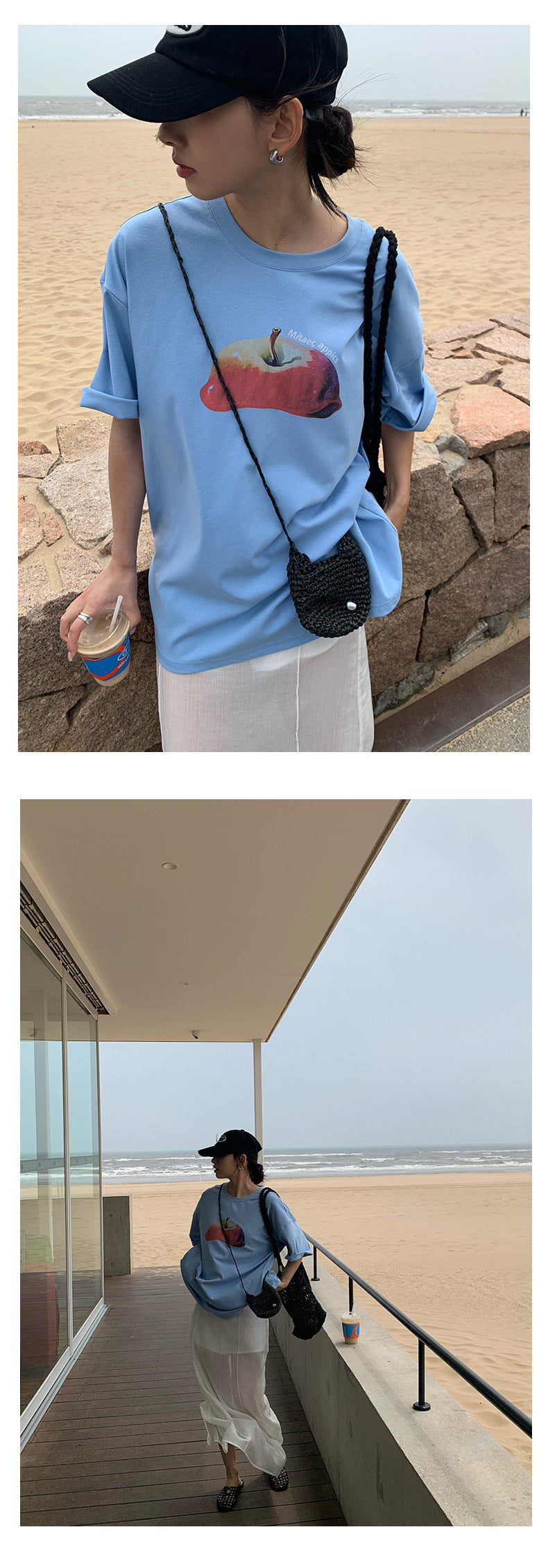 【H5285】實拍夏天韓國蘋果印花大版短袖寬鬆T恤250603