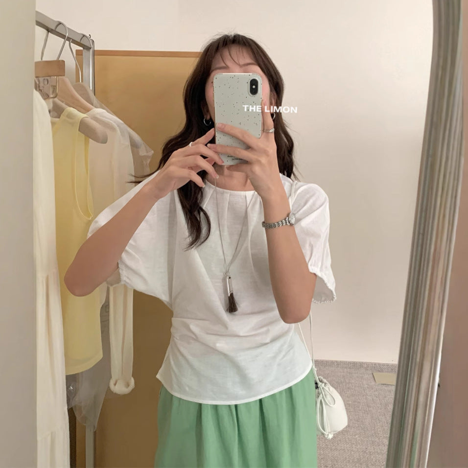 【LTM1057】實拍檸檬夏法式褶皺棉麻後背綁帶襯衫250519