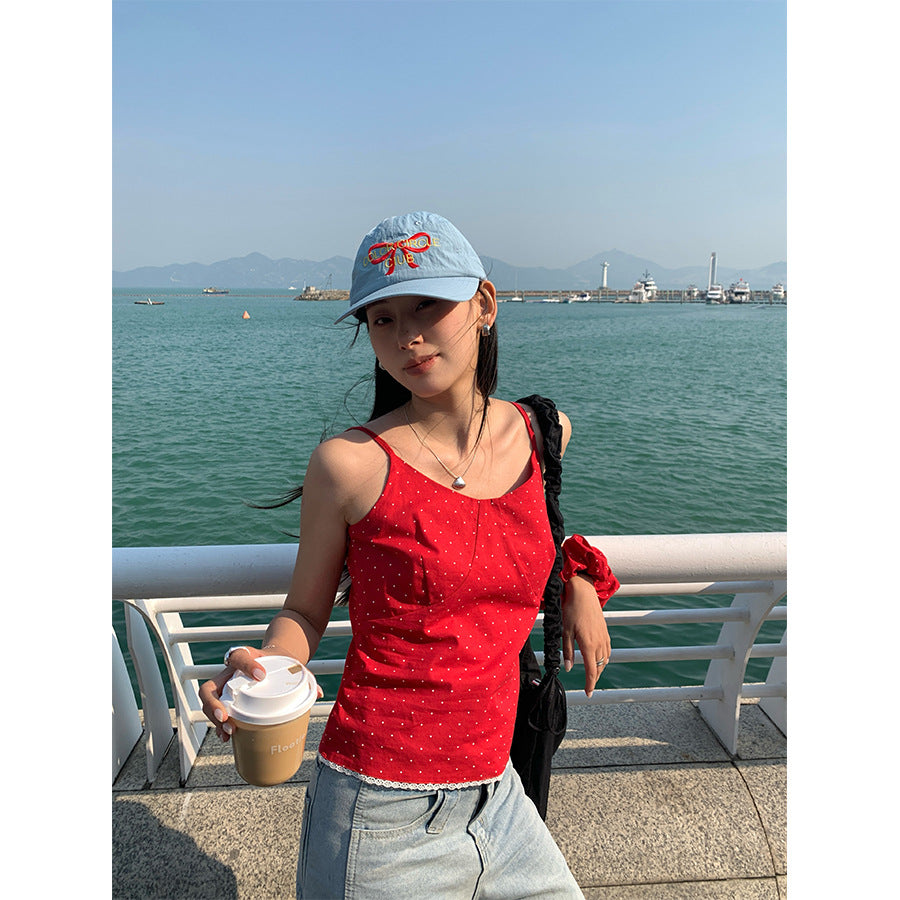 【H5159】實拍夏天棉麻點點吊帶背心+髮圈250331