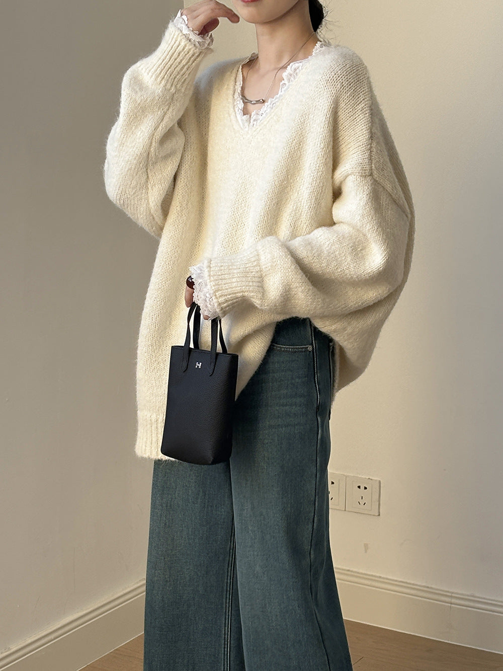 【YP960】實拍爆款質感蕾絲花邊寬鬆保暖針織毛衣(含8%羊毛)241211